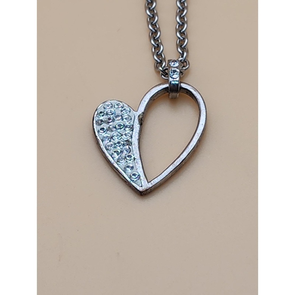 Designer ATI BR Thailand Signed Heart Necklace Crystal‎ Encrusted Silver Tone